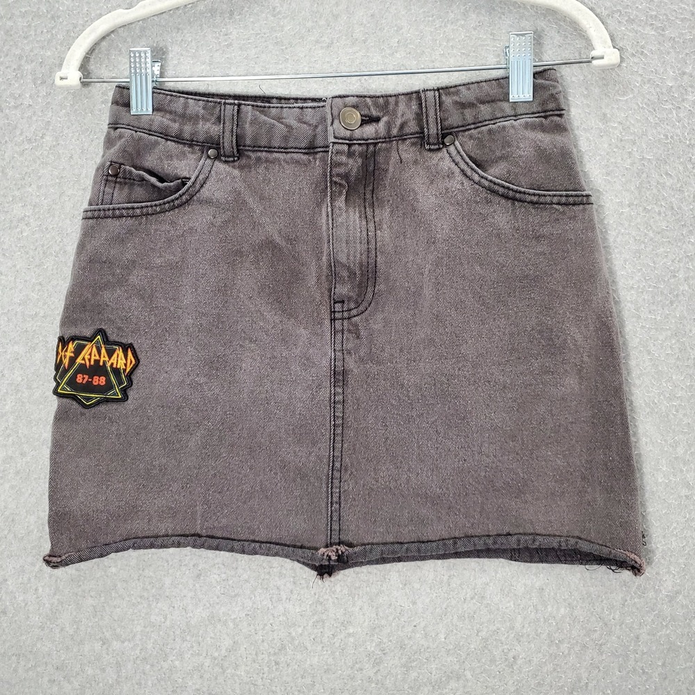 Def Leppard X Junk Food Women Skirt 1‎ Gray Denim Patch Logo Zip Fly Skater Girl
